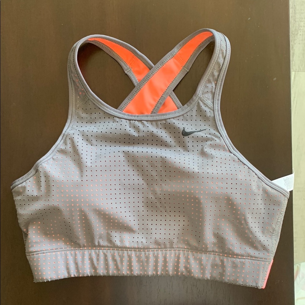 Nike Gray and Orange Sports Bra with Racerback Design